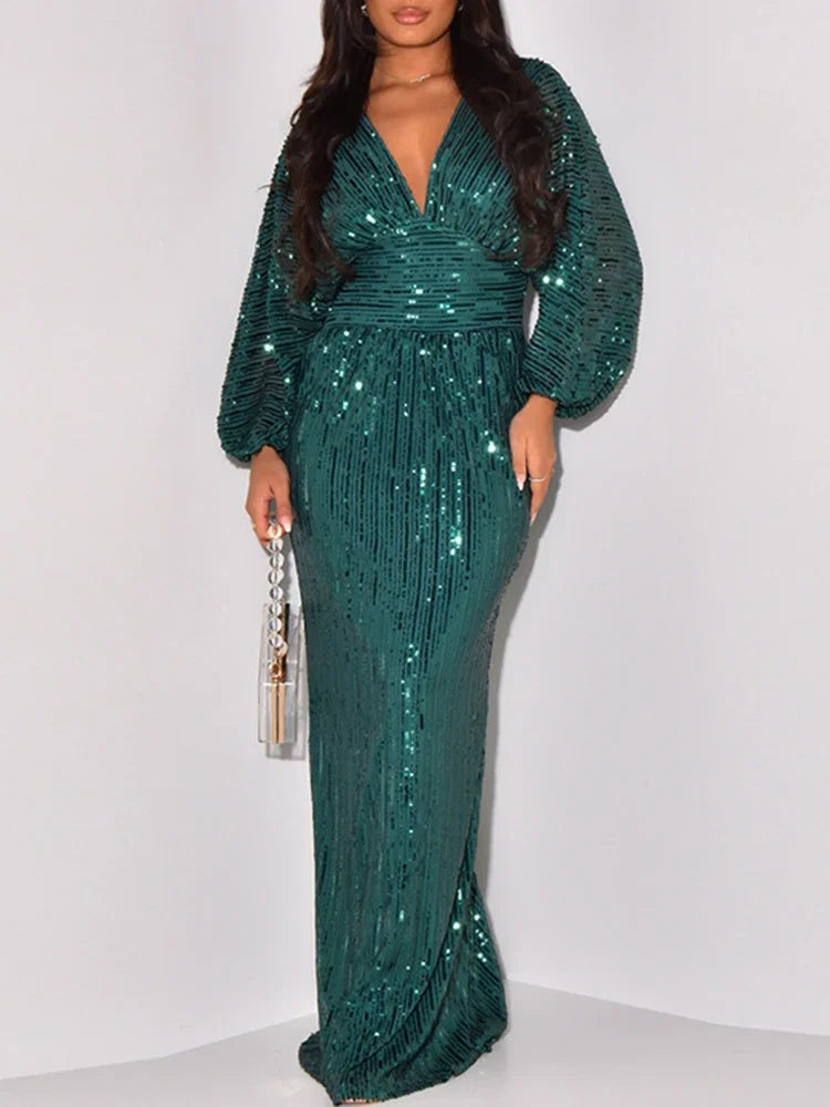Robe de soirée élégante et brillante pour femmes, robe longue à manches longues avec sequins, robe de soirée Femme pour demoiselle d'honneur, mariage ou célébrité