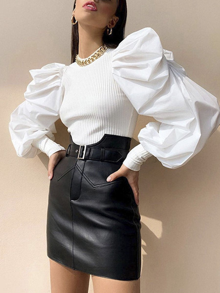 Blouse tricotée patchwork à col rond pour femme, longue