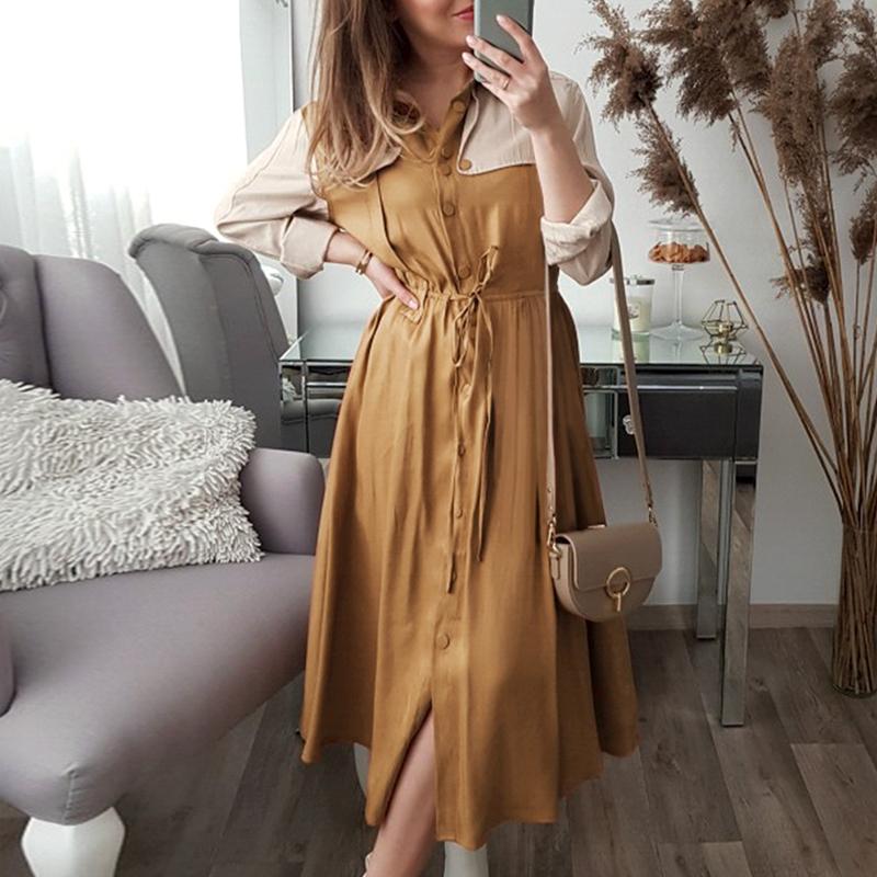 Robe élégante kaki à taille mi-haute et manches longues, automne-hiver pour femmes