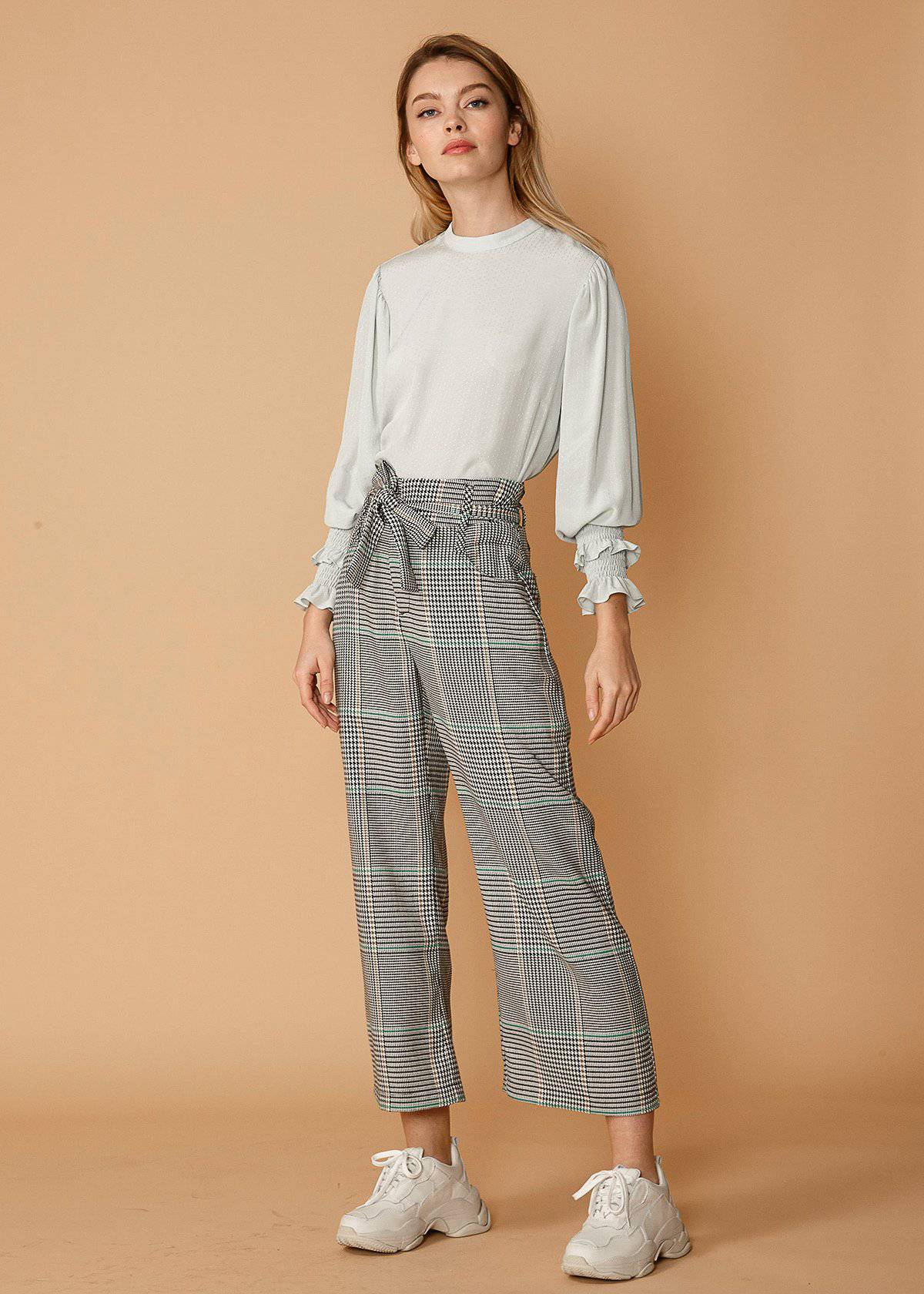 Pantalon court à taille nouée à carreaux pour femmes en automne Glen