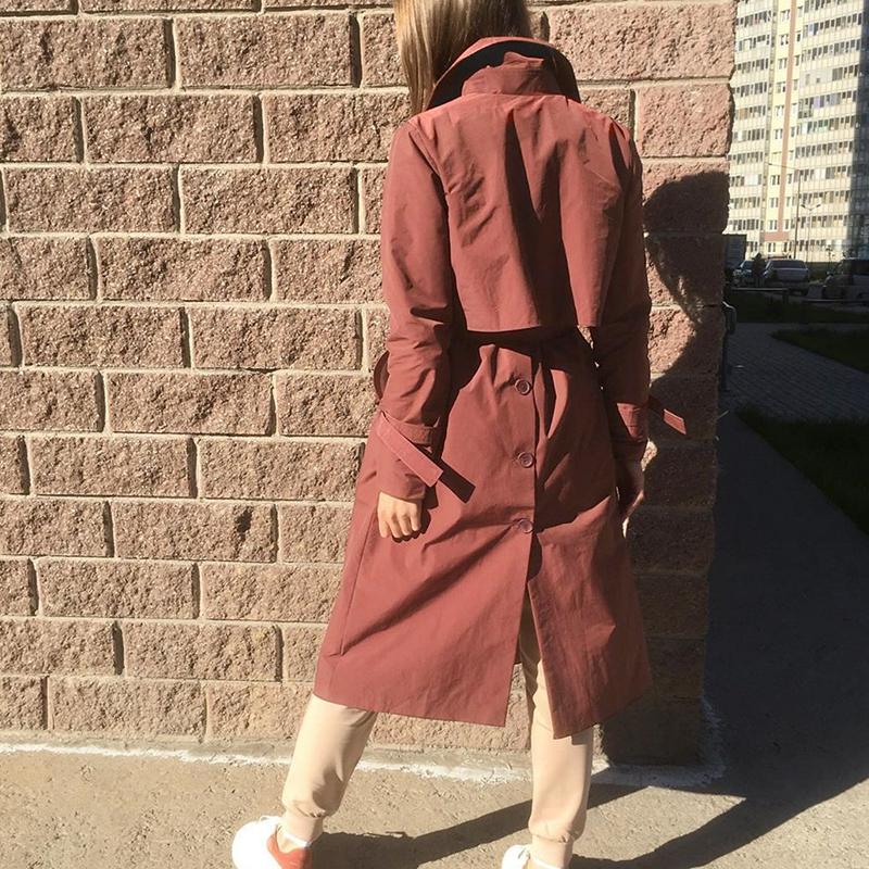 Manteau long pour femmes, trench à col en V, coupe-vent rouge brique noué, féminin et doux