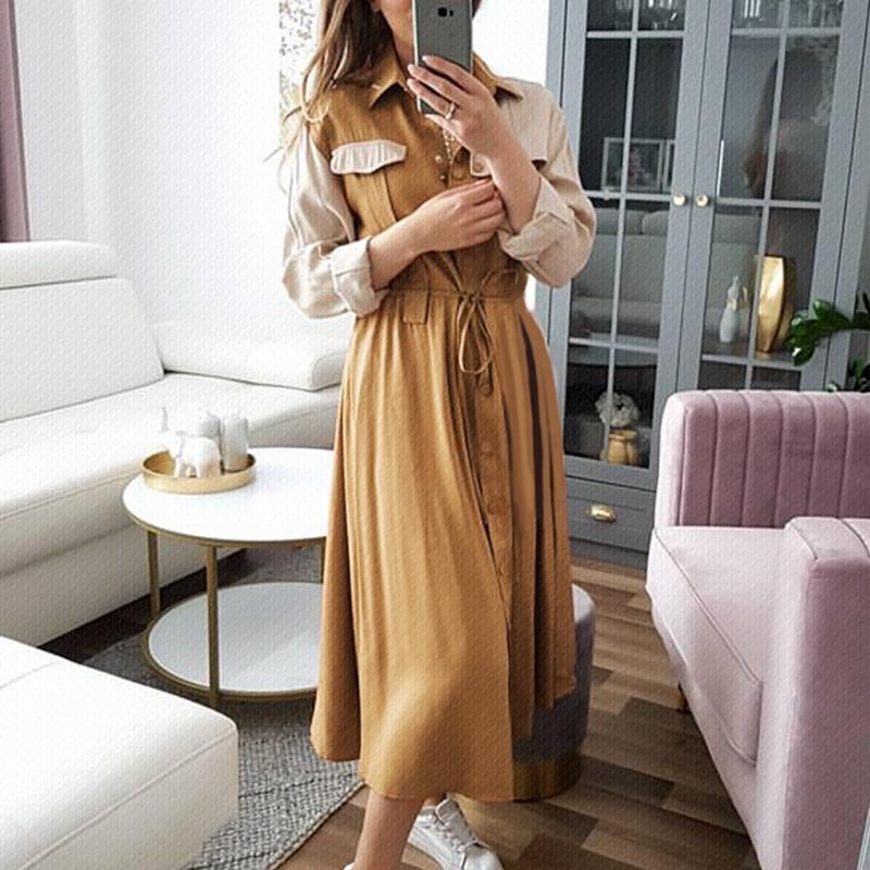 Robe élégante kaki à taille mi-haute et manches longues, automne-hiver pour femmes