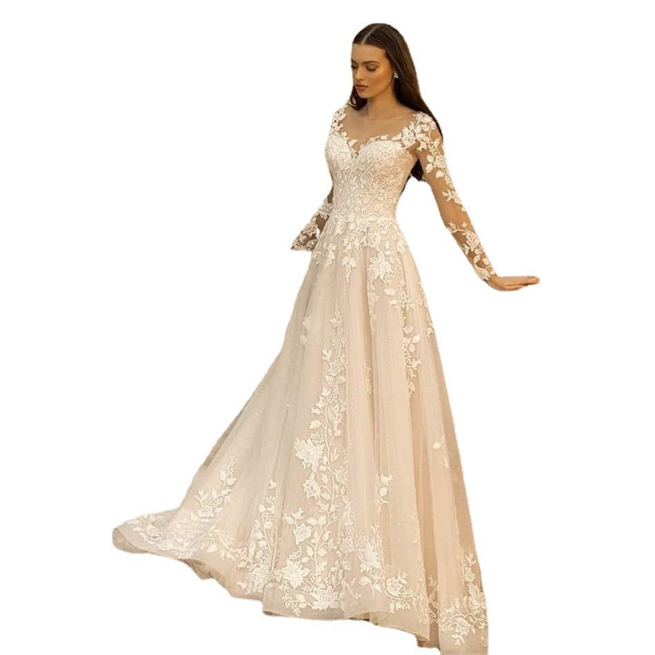 Robe de mariée à manches longues style Mori simple col rond