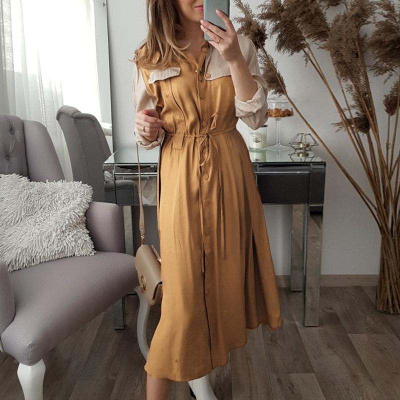 Robe élégante kaki à taille mi-haute et manches longues, automne-hiver pour femmes