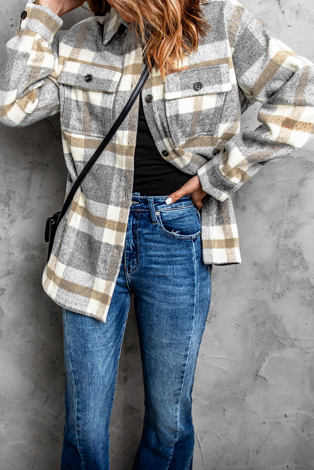Veste-chemise pour femmes à carreaux marron avec poche