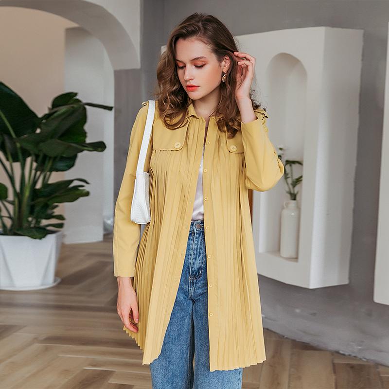 Manteau trench pour femme plissé, boutonnage simple, ceinture, coupe-vent féminine, haut