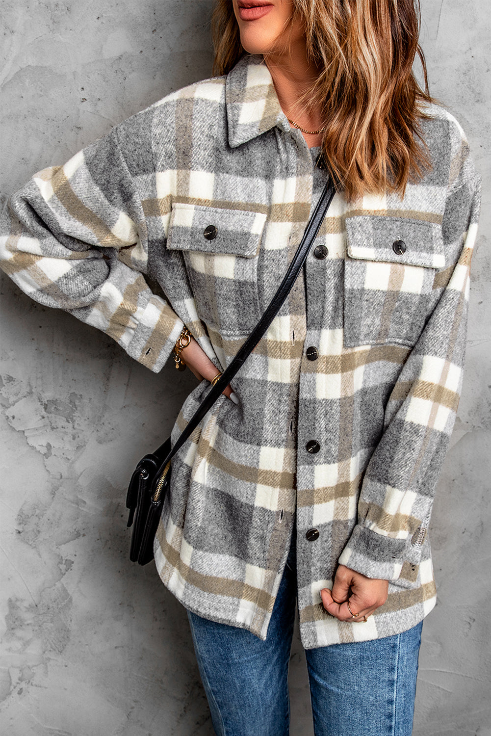 Veste-chemise pour femmes à carreaux marron avec poche