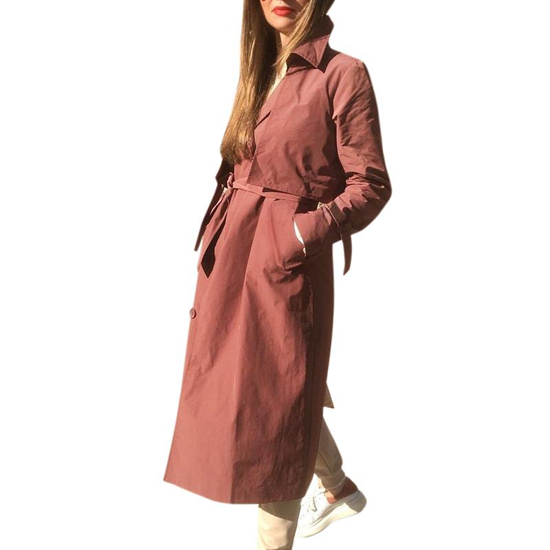Manteau long pour femmes, trench à col en V, coupe-vent rouge brique noué, féminin et doux