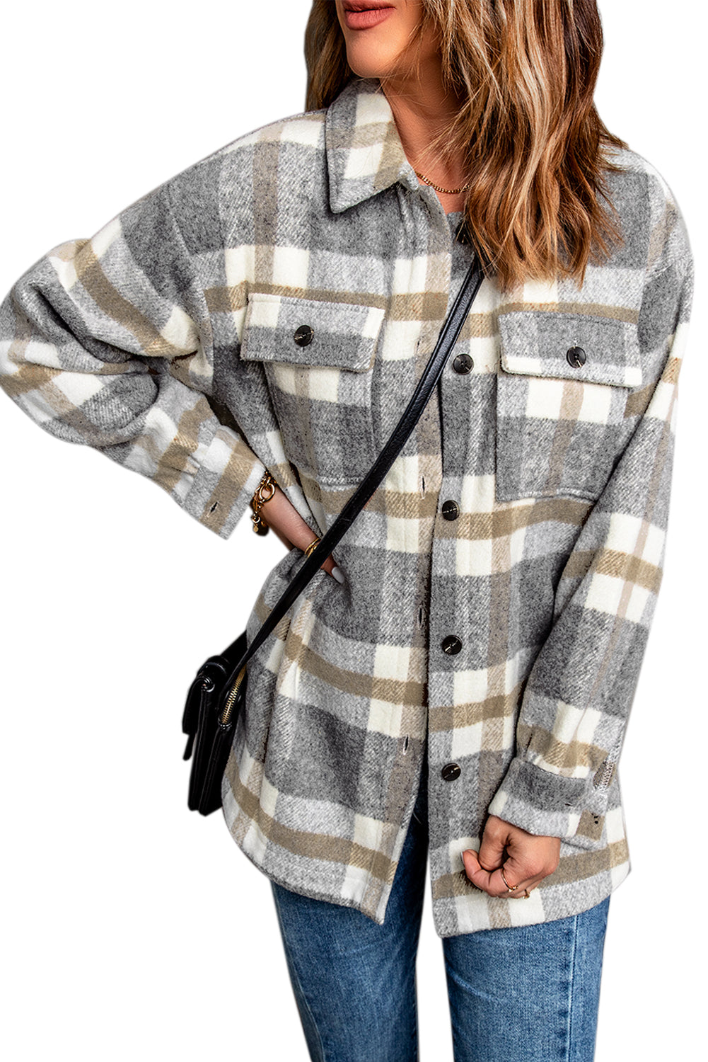 Veste-chemise pour femmes à carreaux marron avec poche