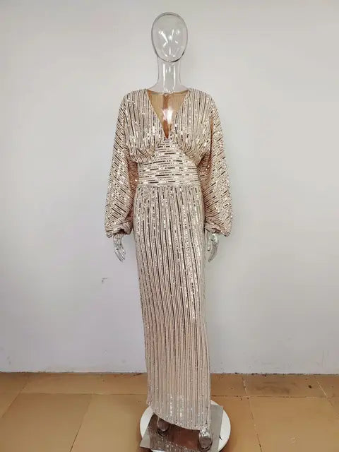 Robe de soirée élégante et brillante pour femmes, robe longue à manches longues avec sequins, robe de soirée Femme pour demoiselle d'honneur, mariage ou célébrité