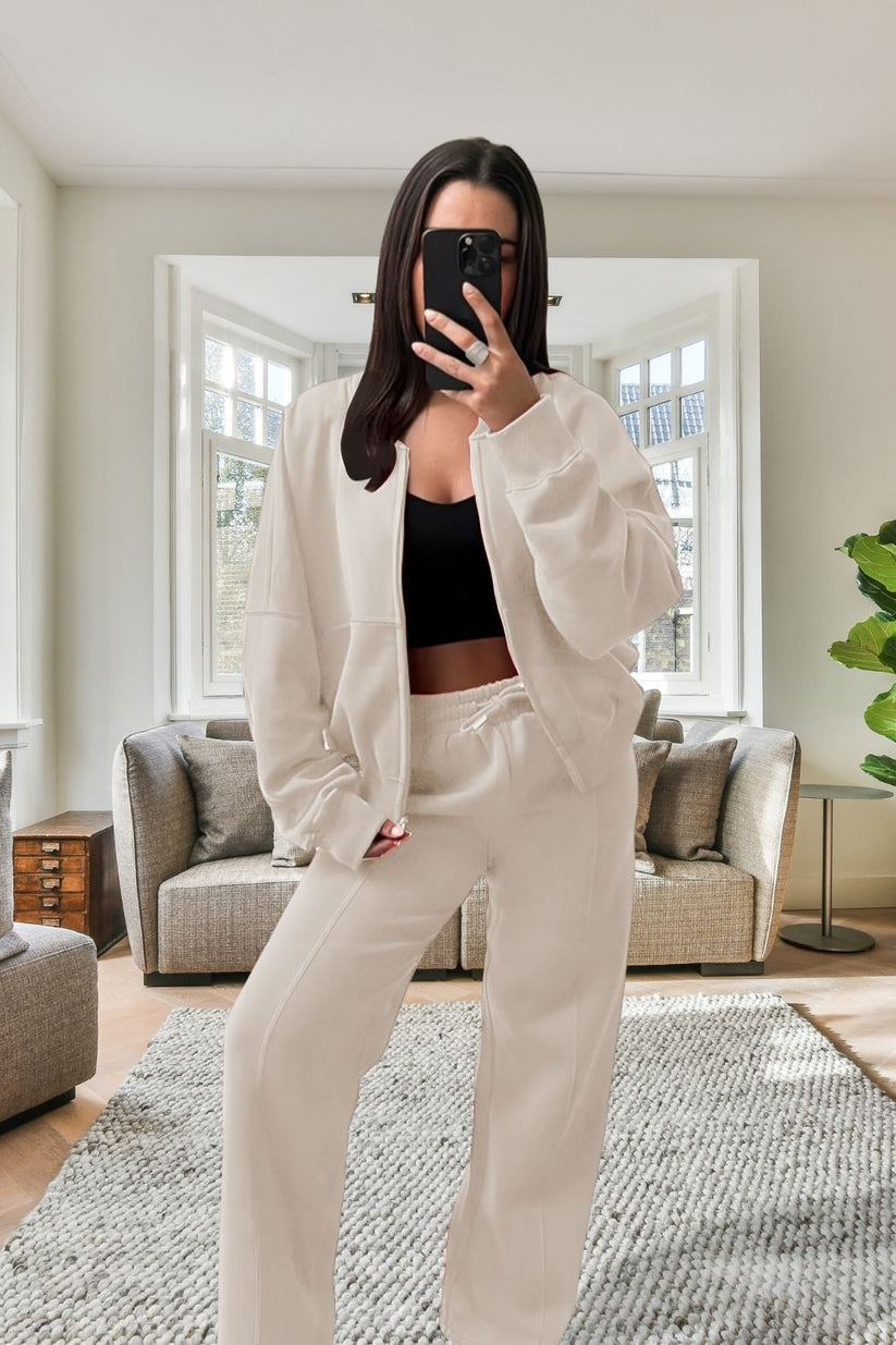 Survêtement Oversize en Polaire à Fermeture Éclair Style Bomber avec Pantalon Large