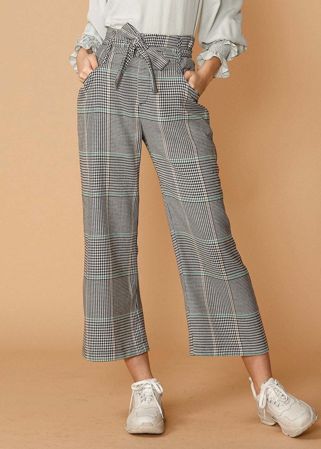 Pantalon court à taille nouée à carreaux pour femmes en automne Glen