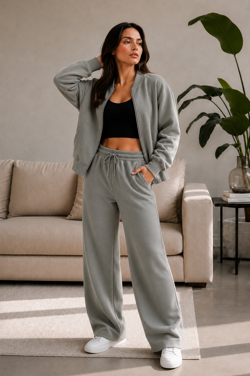 Survêtement Oversize en Polaire à Fermeture Éclair Style Bomber avec Pantalon Large