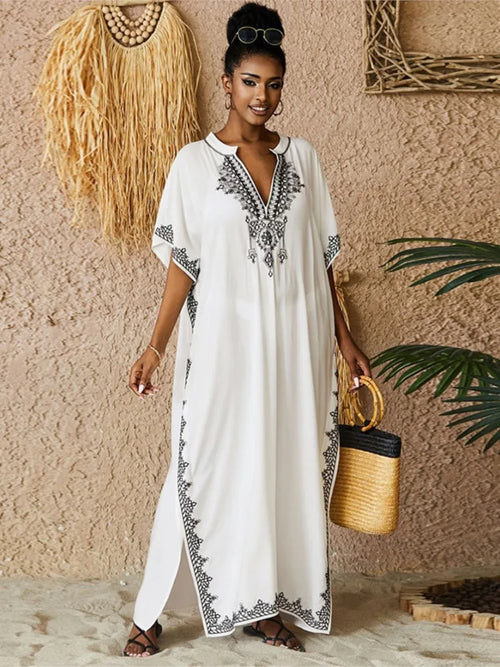 Robe ample vintage pour femmes en coton, paréo de plage brodé