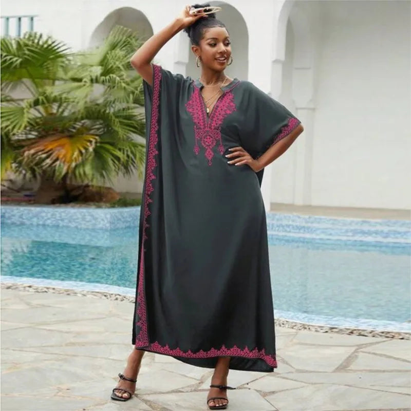 Robe ample vintage pour femmes en coton, paréo de plage brodé