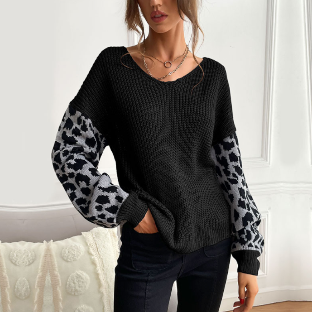 Pull à col en V pour femmes avec manches à imprimé léopard