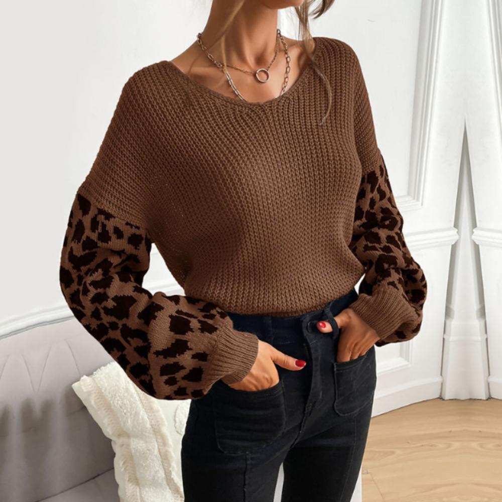 Pull à col en V pour femmes avec manches à imprimé léopard
