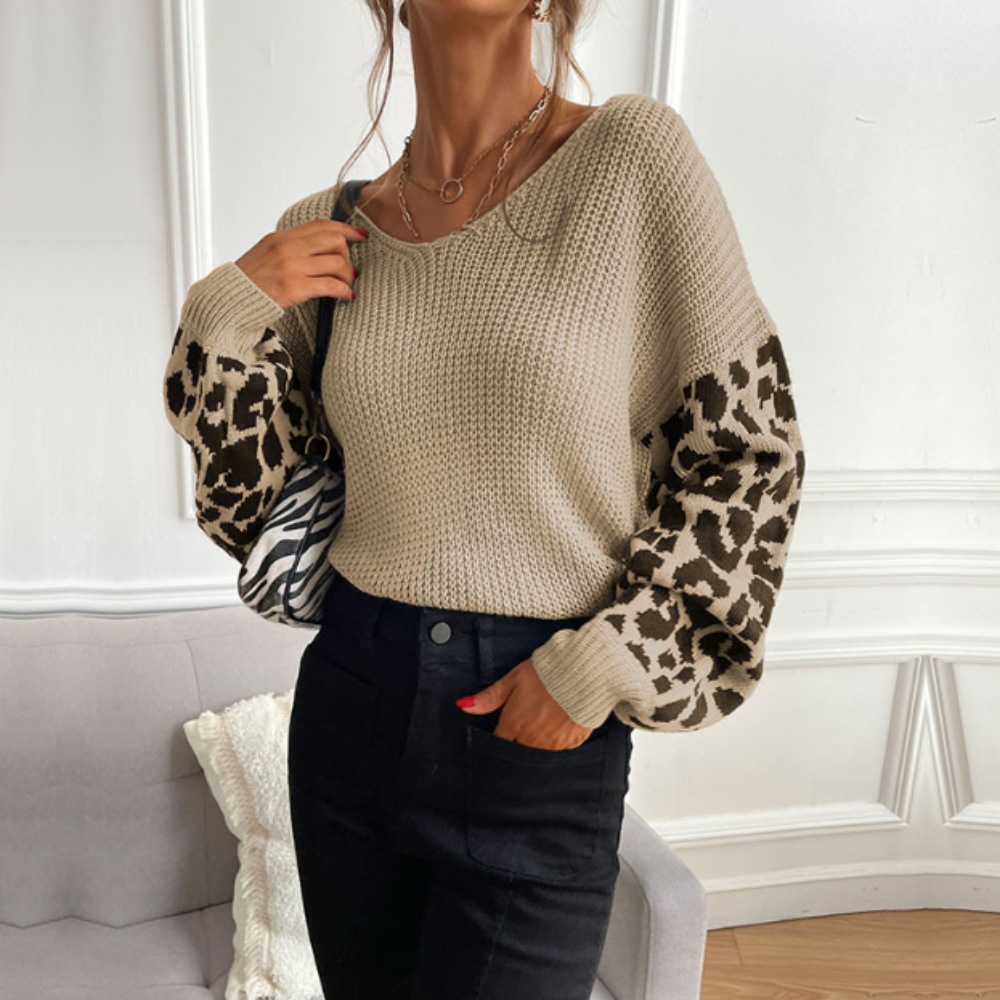 Pull à col en V pour femmes avec manches à imprimé léopard