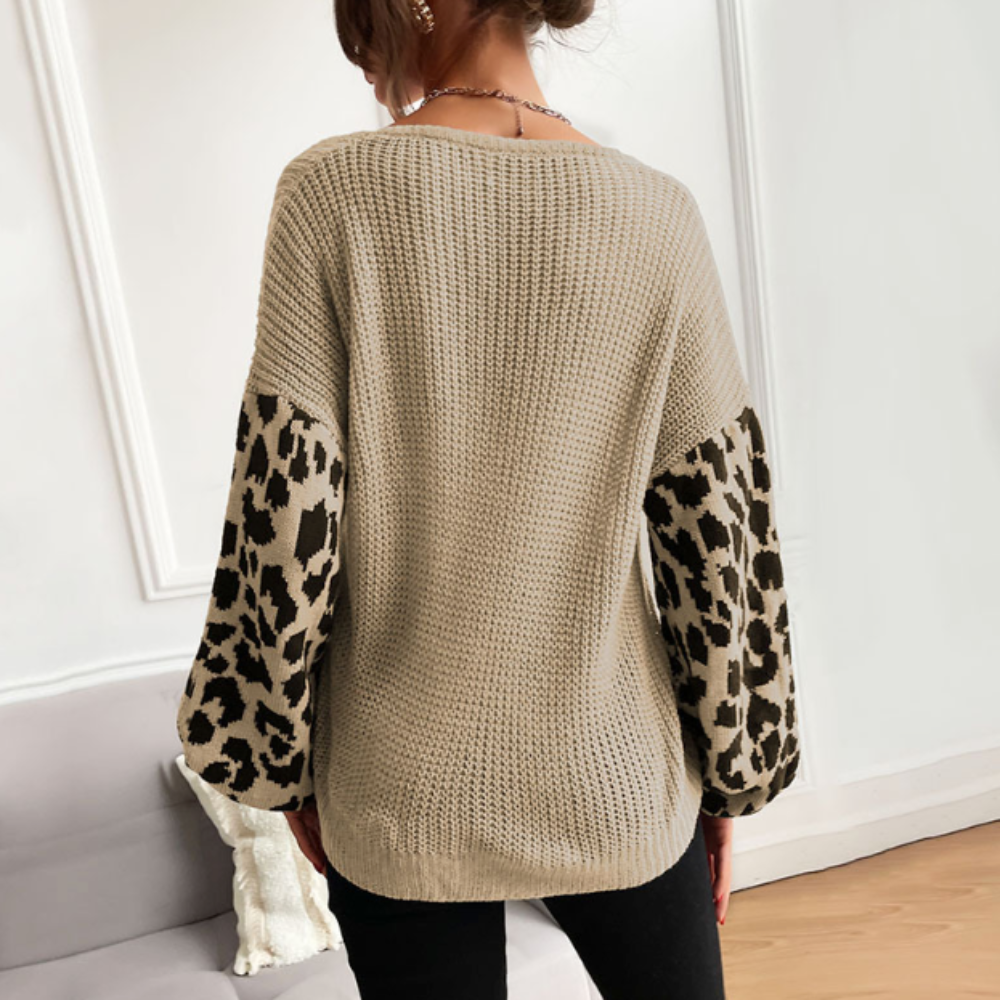 Pull à col en V pour femmes avec manches à imprimé léopard