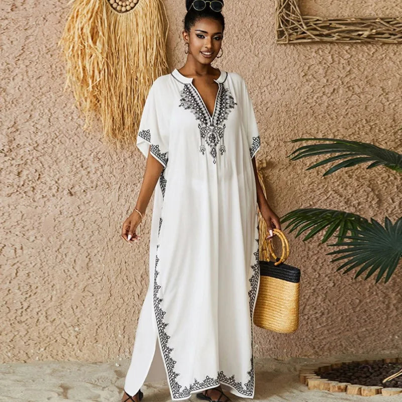 Robe ample vintage pour femmes en coton, paréo de plage brodé