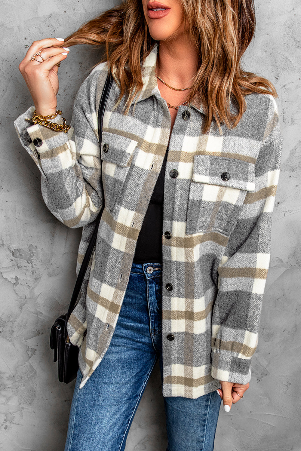 Veste-chemise pour femmes à carreaux marron avec poche