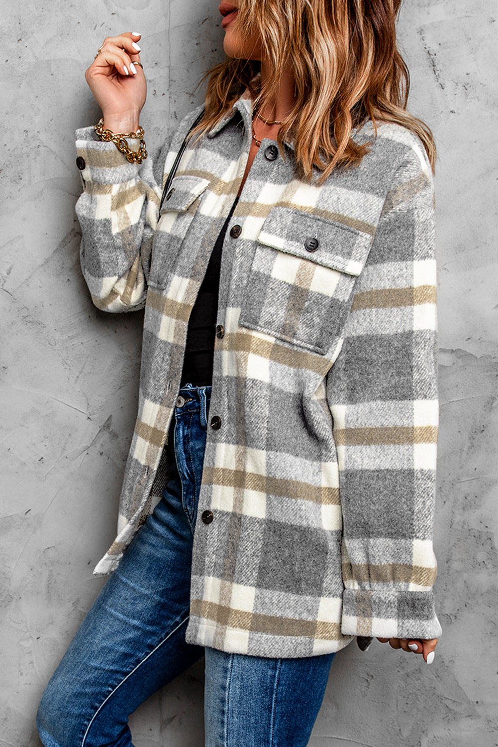 Veste-chemise pour femmes à carreaux marron avec poche