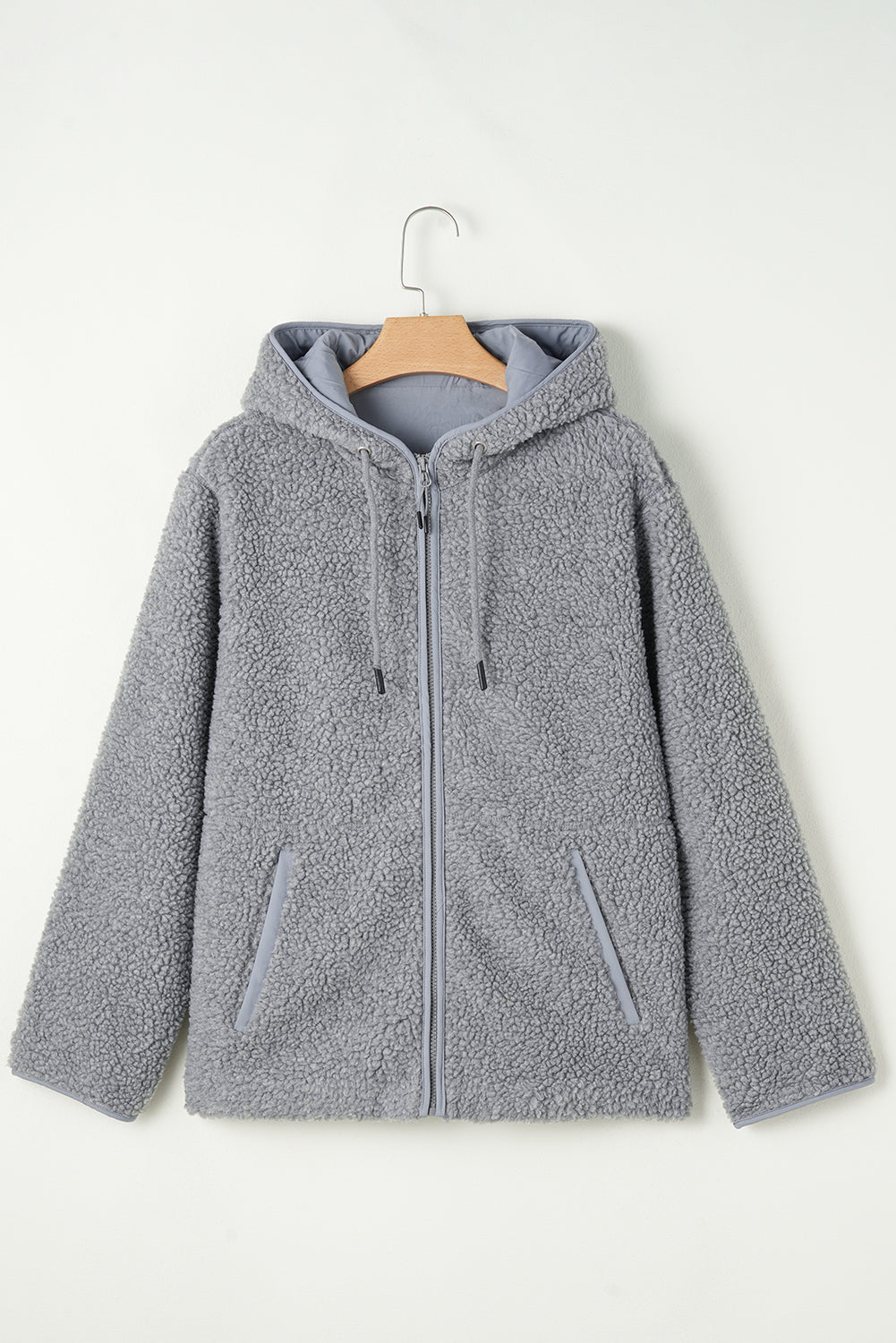 Veste à capuche mi-grise en polaire avec fermeture éclair, cordon et poches