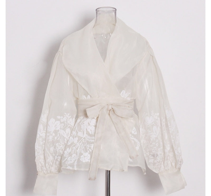 Chemise en organza pour femmes avec impression vintage minimaliste et broderie