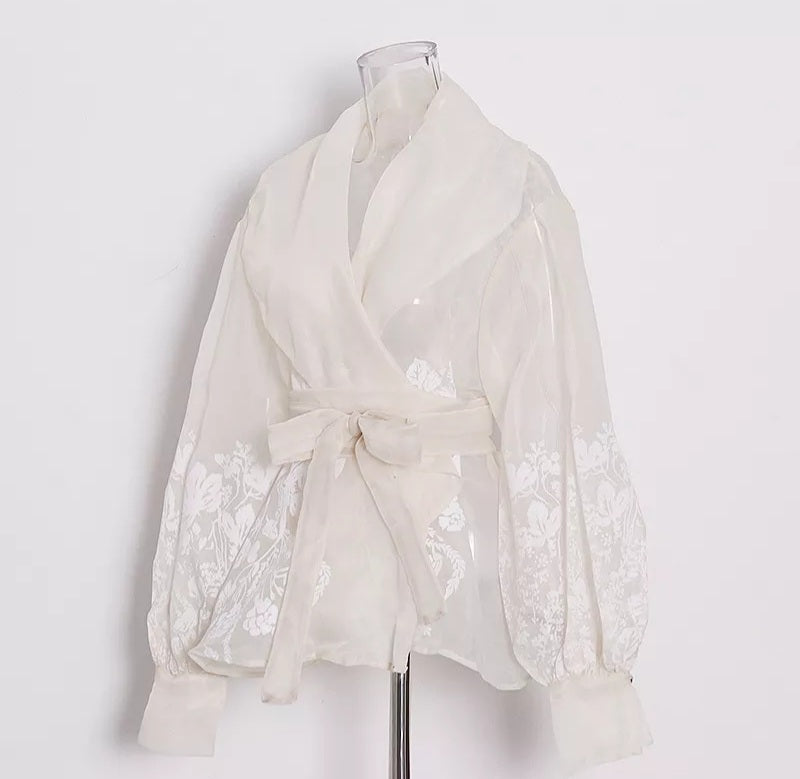 Chemise en organza pour femmes avec impression vintage minimaliste et broderie