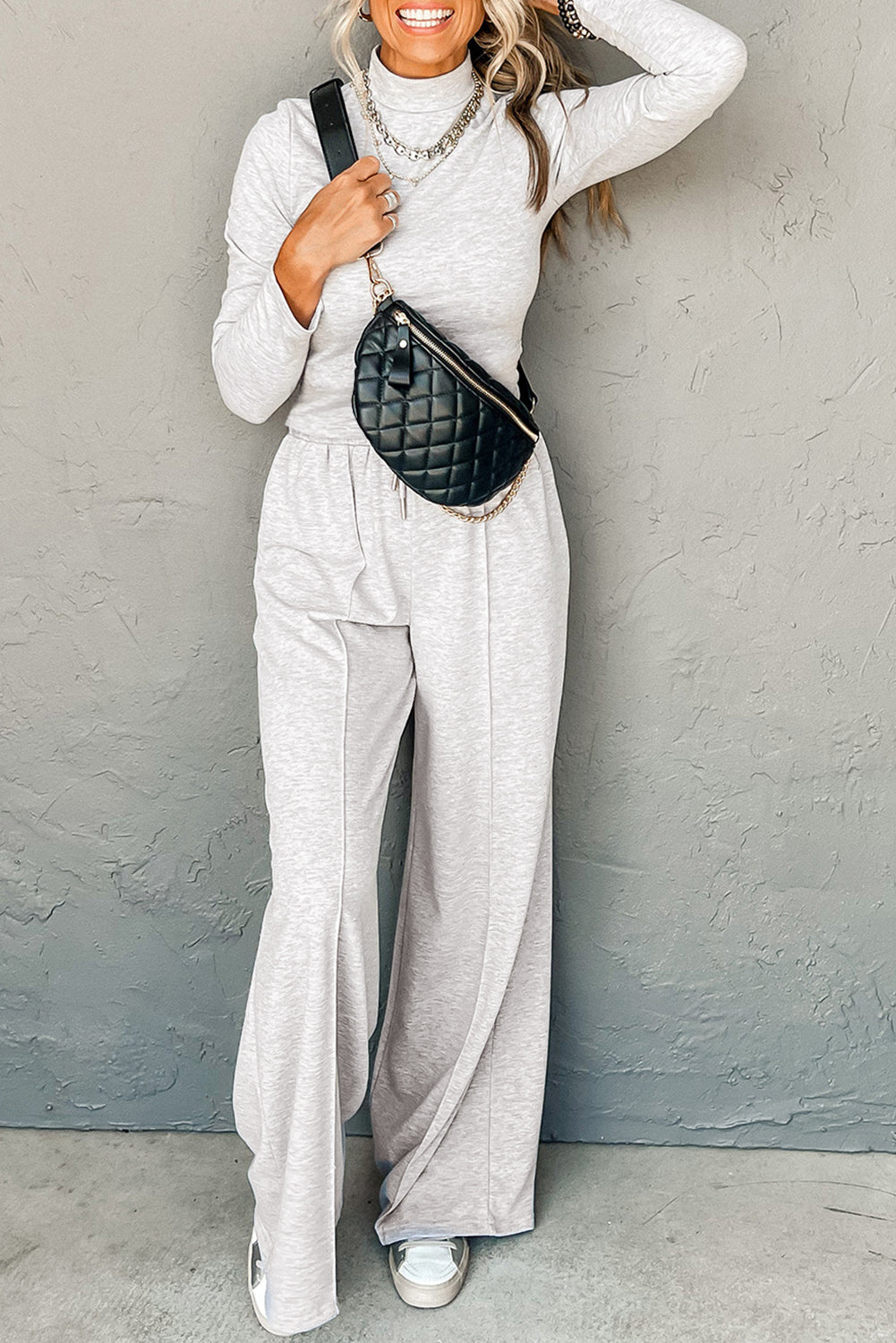 Light Grey Long Sleeve High Neck Slim Top Smocked Waist Central Seam Pants Set
